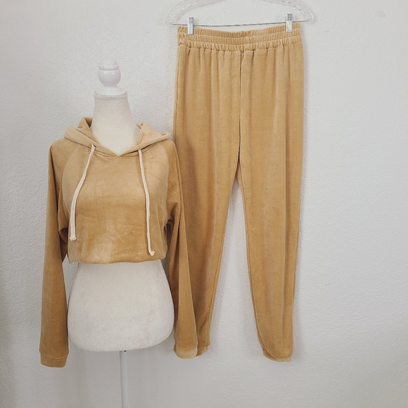 SOLD Naked Wardrobe M Tan Velvet Jogger Hoodie Set - Picture 3 of 10